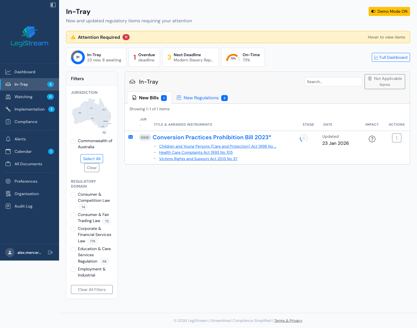 LegiStream In-Tray showing regulatory changes filtered by jurisdiction and domain