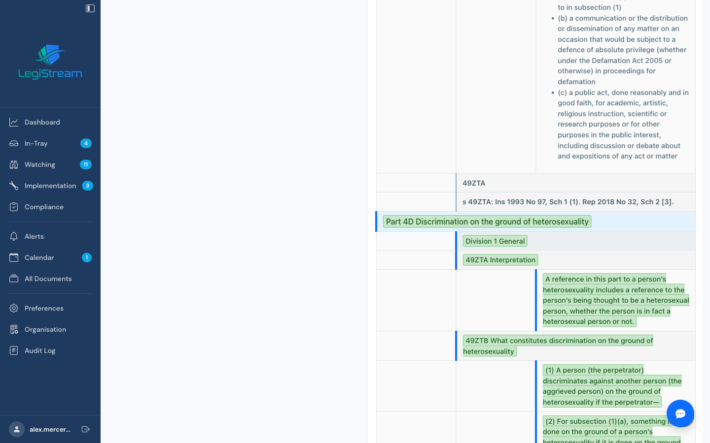 Colour-coded change markup showing insertions and deletions in legislation text