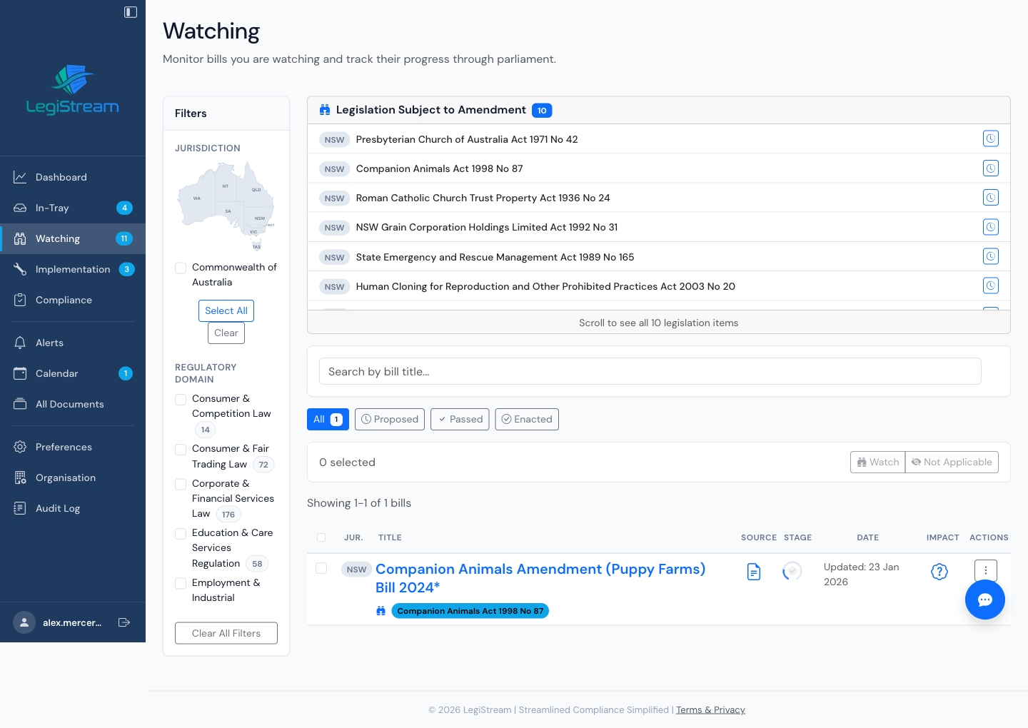 Bill tracking dashboard showing bills at various legislative stages with jurisdiction filters